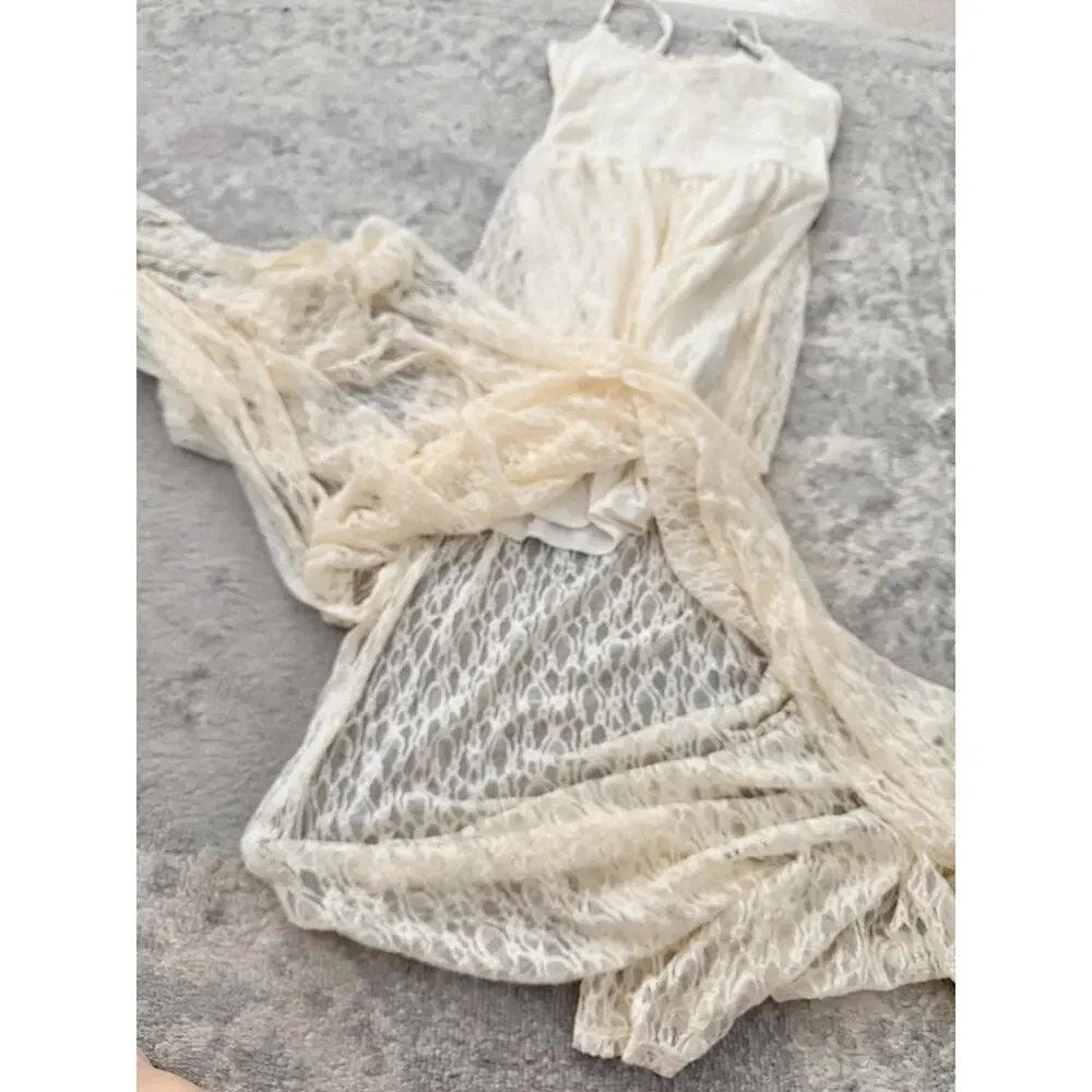 90s Abercrombie and Fitch Ivory Lace Maxi Dress Half Lined Stretchy Fairy Long S